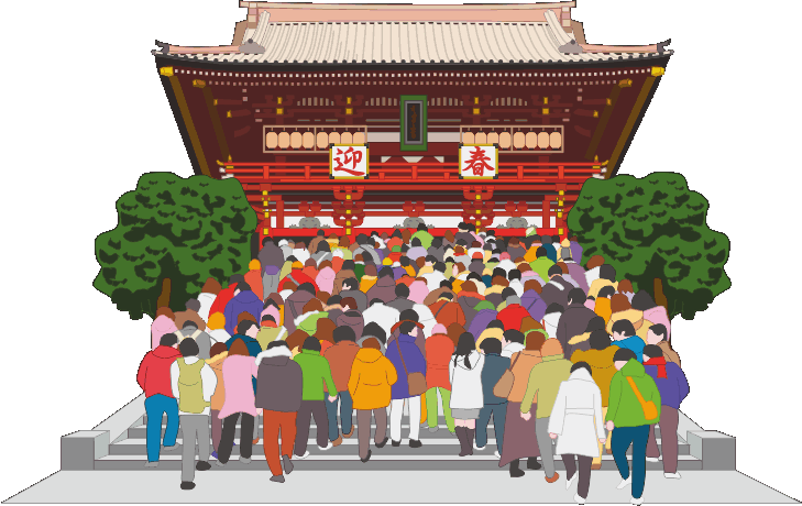 人が多く神社の階段を登っている絵