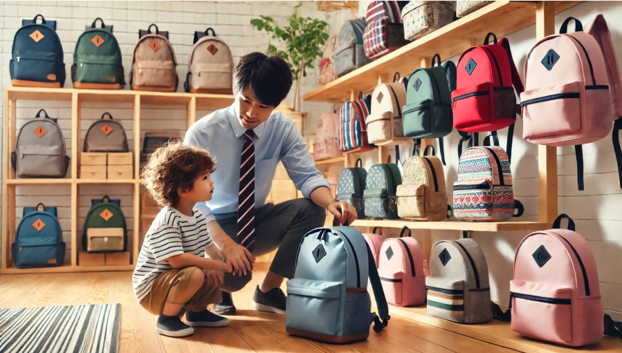 父親と子どもがカバンを選んでいる