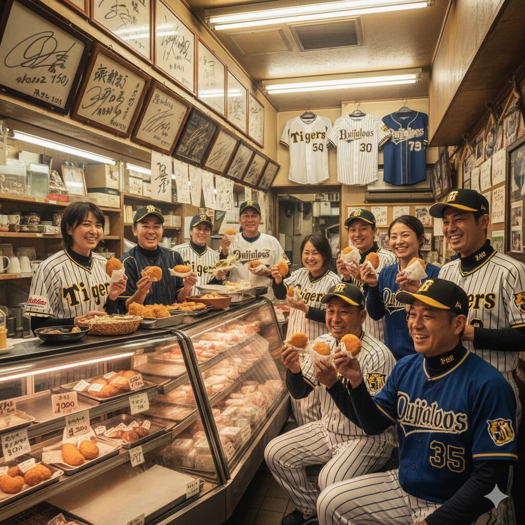 廣岡精肉店の店内に飾られたプロ野球選手のユニフォームやサインボール